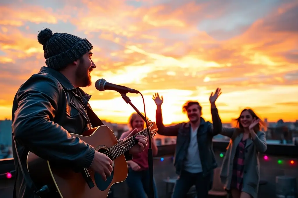man playing guitar on rooftop with friends