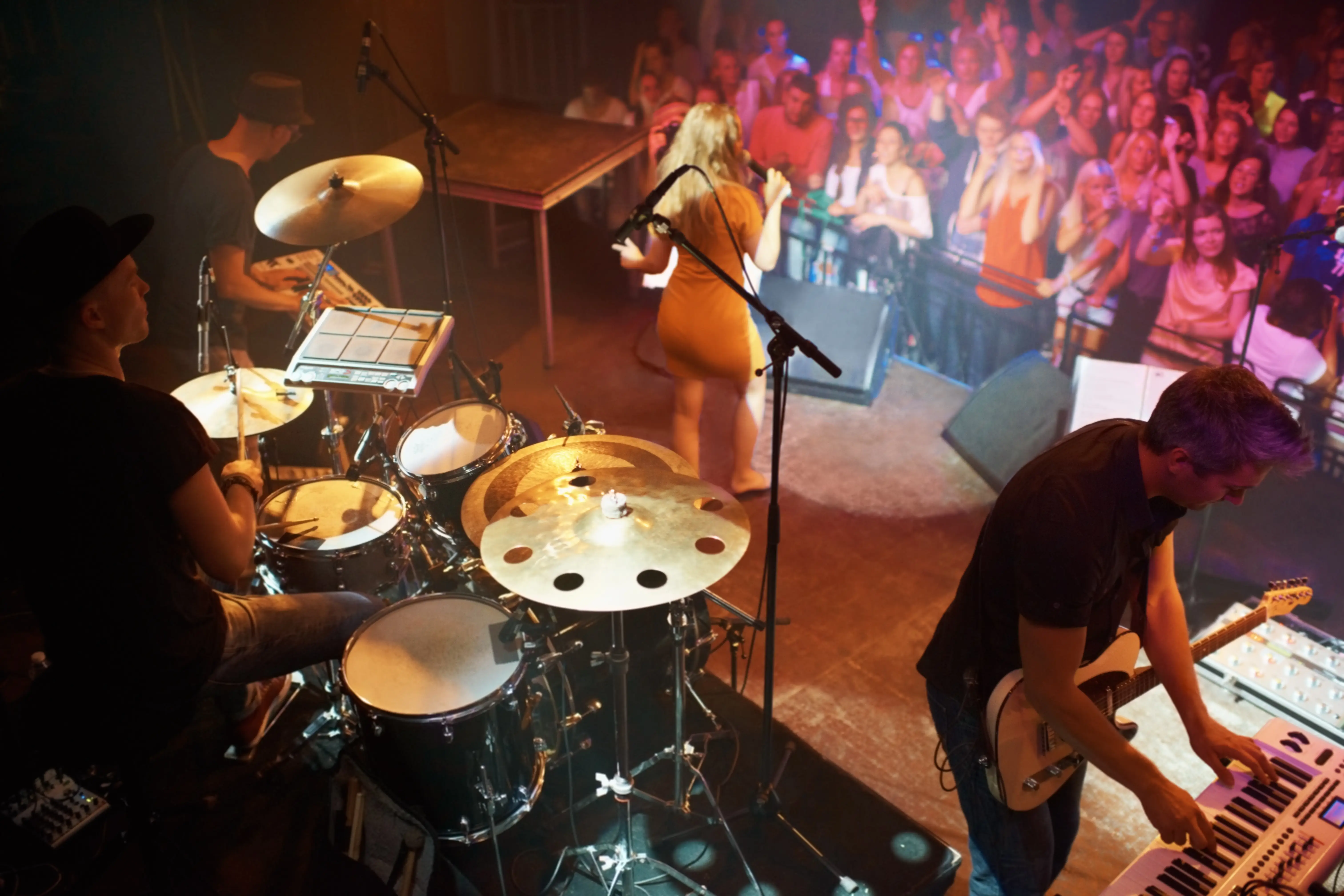 concert from the crowd point of view looking at band performing on stage