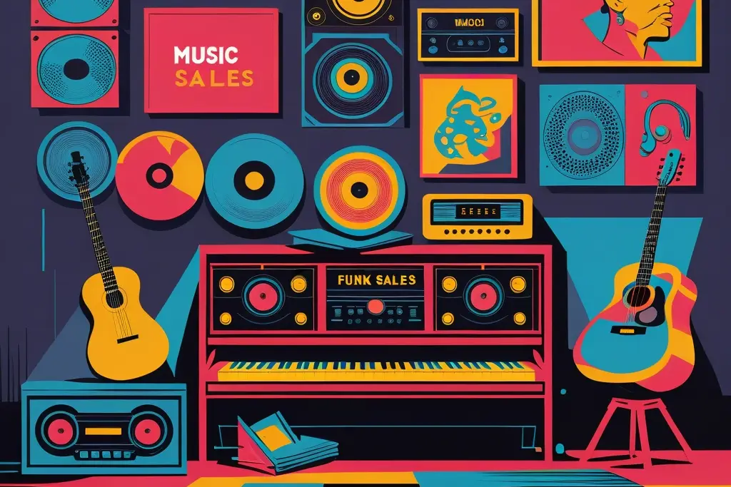 music for sale in room with piano and records on the wall and art on the wall, and a guitar on a stand and furniture