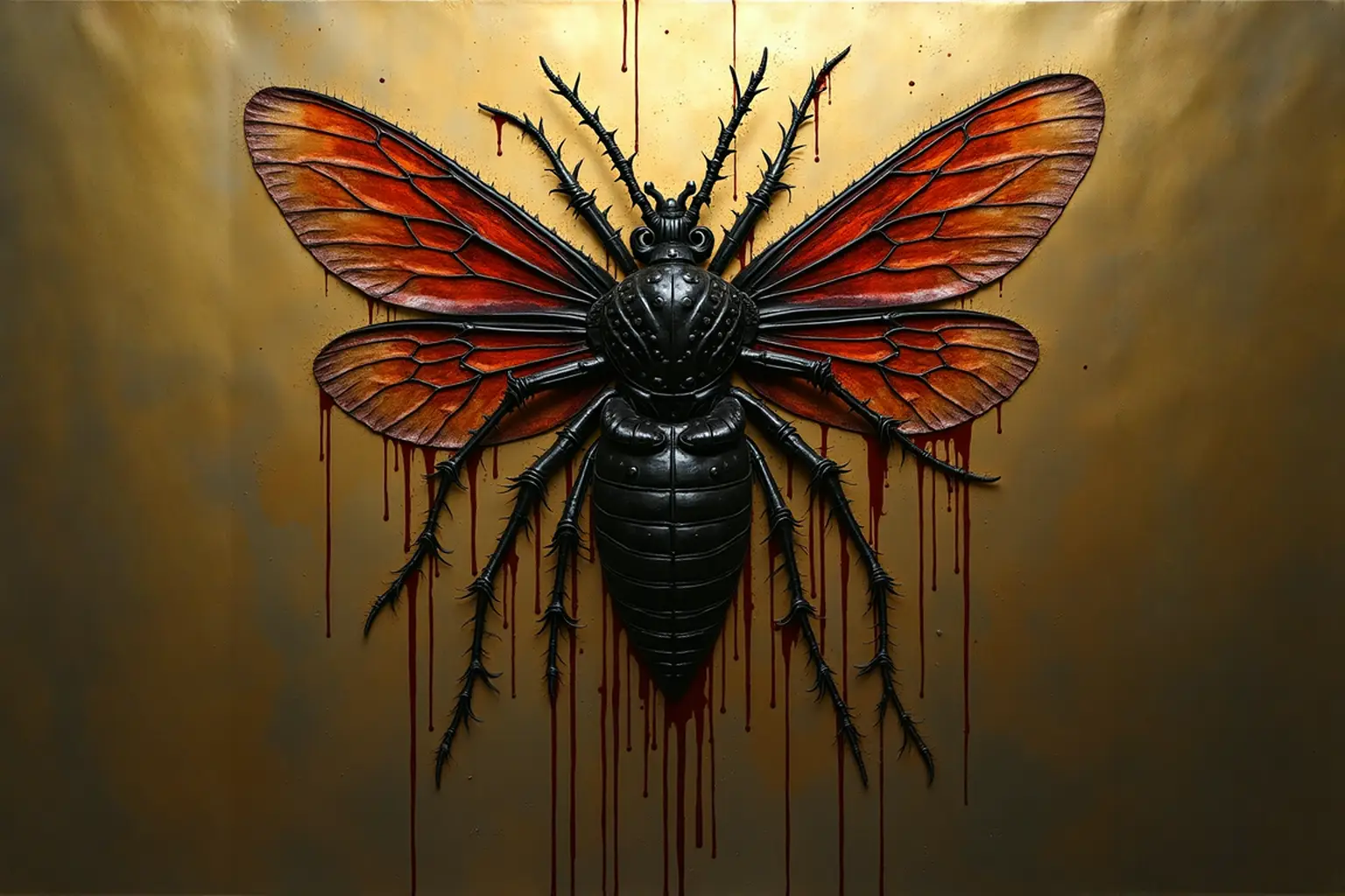 beetle with wings pinned on wall wiht blood dripping down