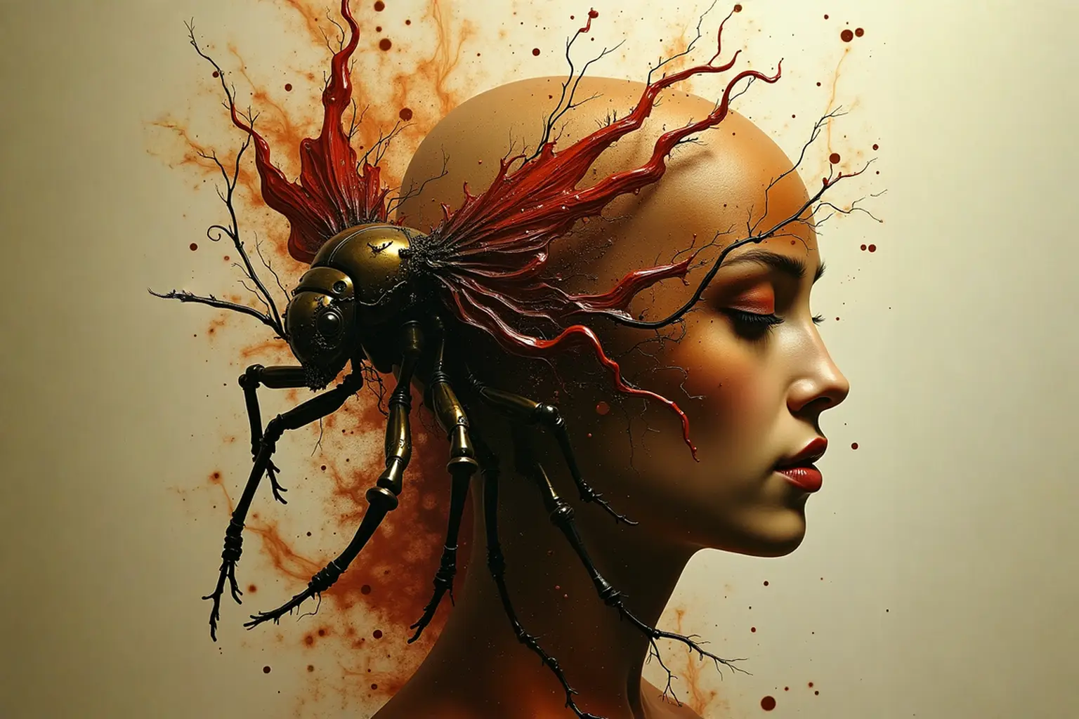 woman with shaved head with a bug coming out of her head